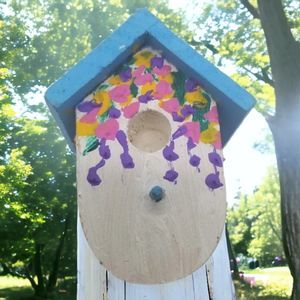 Hand Painted Wooden Birdhouse Mini Ornament Blue Roof Floral Decor
